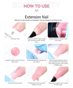 Step-by-step visual guide for BORN PRETTY solid extension nail gel application process.