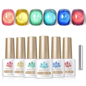 Close-up detail of 6-piece BORN PRETTY cat eye gel polish set with glitter effects