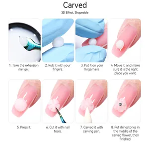 Step-by-step tutorial showing 3D carving process using non-stick extension nail gel