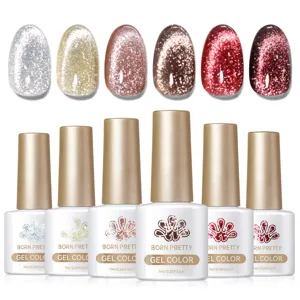 Set of 6 BORN PRETTY cat eye gel nail polishes with sparkling glass bead effect.