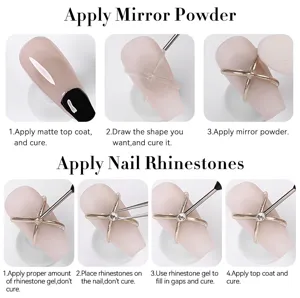 Tutoriel détaillé pour l'application de poudre miroir et de strass avec un gel professionnel.