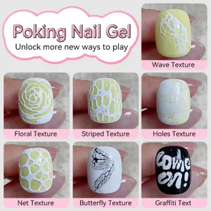 Detailed examples of various creative textures created with poking nail gel.