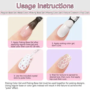 Step-by-step tutorial showing usage instructions for DIY textured poking nail gel art