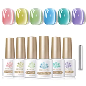 BORN PRETTY 6pcs cat eye gel polish set including a magnet tool for shiny glassy nail effects.