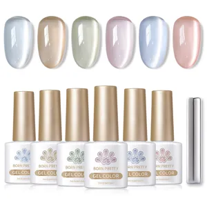 Detail view of 6PCS BORN PRETTY glass bead cat eye gel polish set with swatches and magnet