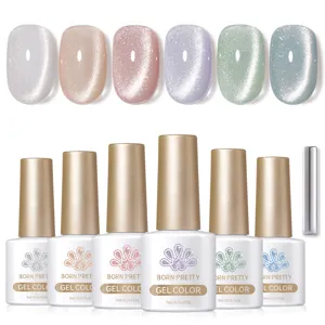 Close-up of BORN PRETTY cat eye gel polish set showing six shimmering colors and magnet tool
