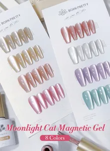 Detailansicht schillernder Katzenaugen-Magnetgel-Nagellackproben in acht tollen Farben