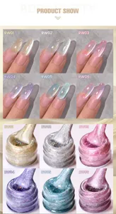 Detailed view of six shades of rainbow cat eye nail gel polish swatches and bottle textures