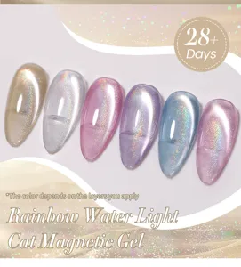 Detail view of shimmering rainbow cat eye magnetic nail gel in six holographic pastel colors