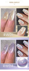 Macro detail of shimmering rainbow cat-eye nail gel in lavender and nude shades.