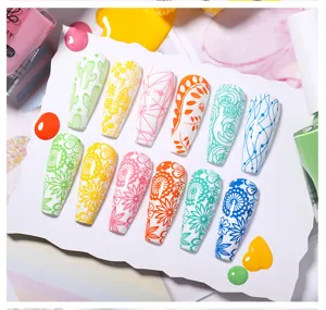 Detailed macro view of colorful floral and geometric patterns on artificial nail tips