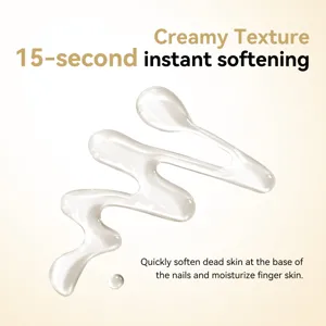 Close-up of clear creamy cuticle softener gel texture for quick 15s nail care.
