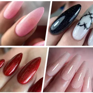Detailopname van verschillende glitter nagelverlenging gel kleuren en glanzende afwerkingen
