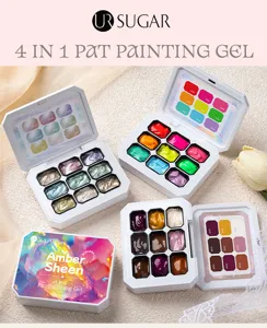 Detailed view of three 9-color solid nail gel palettes and decorative packaging box