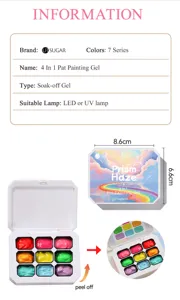 Product details for 9-grid solid nail painting gel palette with dimensions and specs.
