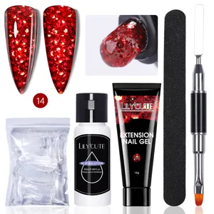 Λεπτομερές σετ Lily'Cute κόκκινο glitter τζελ επέκτασης νυχιών με εργαλεία