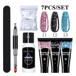Professionele LILY'CUTE 7-delige nagelverlengingsgelset met glitterkleuren tools