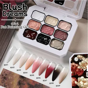 Detailed macro view of a 9-color solid nail art gel palette with gradient swatches
