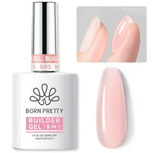 Detail van BORN PRETTY 8-in-1 builder gel fles en roze nude nagelstaal.