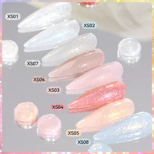 Eight shimmering glitter nail polish swatches with quicksand effect labels XS01 to XS08.