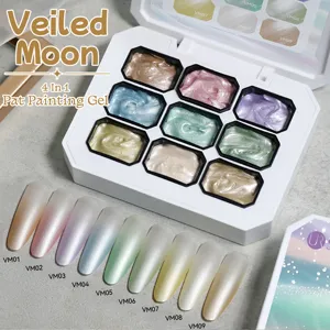 9-color solid nail art gel palette with pearl finish swatches shown on long nails