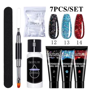 Professionele 7-delige LILY'CUTE nagelverlenging gelset met glitterkleuren en tools