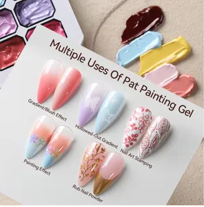 Detail view of various nail art effects using solid pat painting gel on nail tips