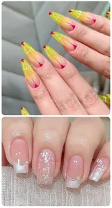 Close-up of solid painting nail gel showing relief floral patterns and gradient blush effects.