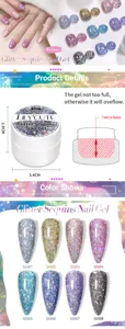 Detail view of LILY'CUTE glitter sequins nail gel colors and compact 7ml jar dimensions