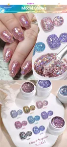 Detail view of sparkling glitter sequins nail gel in various vibrant colors