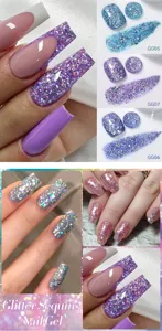 High-definition close-up of sparkling glitter sequin nail gel in purple and blue shades