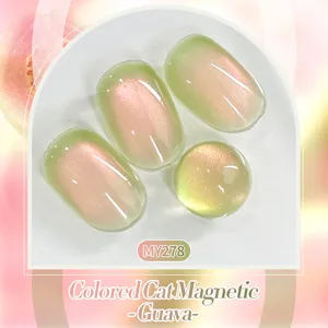 Close-up view of guava colored cat eye magnetic gel with shimmering aurora light effect