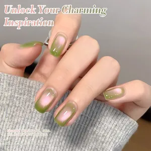 Close-up of cat-eye nail polish showing guava bicolor aurora effect on long nails