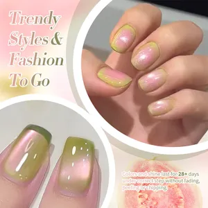 Close-up of pink and green guava cat-eye nail gel polish with aurora glitter effect