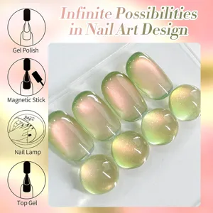 Detailed view of translucent guava dual-tone cat-eye nail gel with aurora glass bead effect