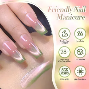Macro detail of cat-eye nail gel with pink and green gradient glass bead effect