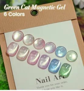 Close-up of sparkly cat eye magnetic nail gel swatches in 6 colors with crystal shine effect
