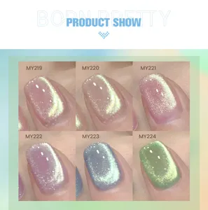 Detailed close-up of BORN PRETTY cat eye nail polish swatches in vibrant sparkly colors