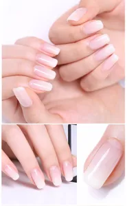 Macro view of milky white ombre jelly gel nail art with smooth gradient finish