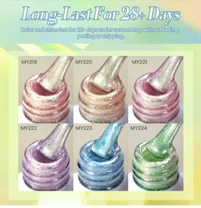 Detailed macro view of six glittery cat eye nail gel polish colors with shimmer