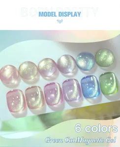 Macro detail showing 6 shimmering colors of Born Pretty Green Cat Magnetic Gel nail polish