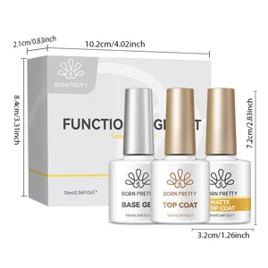 Σετ 3 τζελ BORN PRETTY με βάση, top coat, ματ και διαστάσεις συσκευασίας σε εκατοστά.