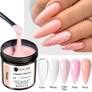 Detalle de gel de extensión de uñas UR SUGAR 150g nude con muestras de colores profesionales.