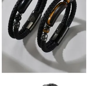 Macro detail of men's braided leather bracelet with tiger eye stone and magnetic clasp
