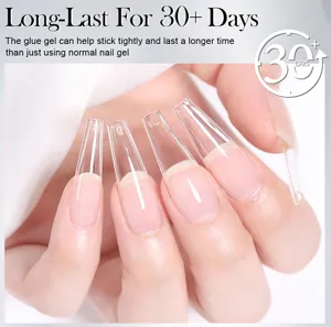 Detail view of solid nail glue gel application with clear coffin nails lasting over 30 days