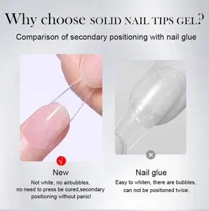 Comparison detail of solid nail tips gel versus traditional nail glue for manicure.