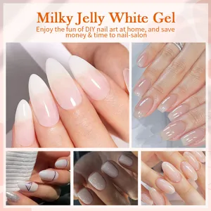 Milky jelly white UV nail gel showing multiple glossy DIY manicure effects on hands