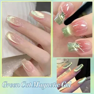 Green magnetic cat eye gel nail polish with shimmering glitter for salon finish