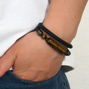 Handcrafted vintage men's double-layer tiger eye stone and braided leather cord bracelet