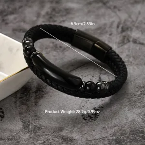 Men's vintage braided black leather bracelet with magnetic clasp and black tiger eye beads